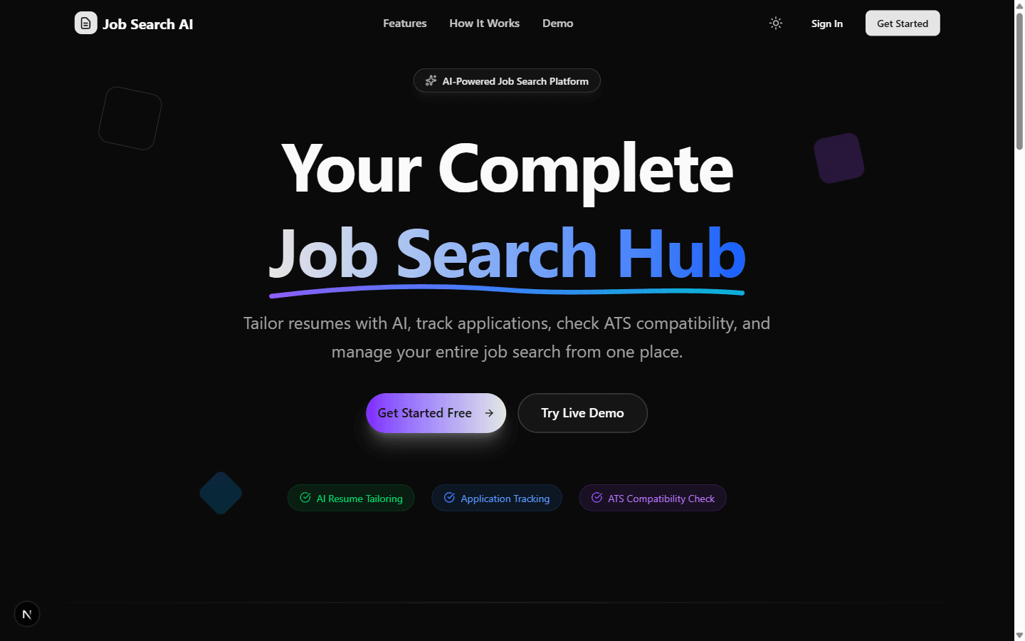 Screenshot of the Job Search AI application landing page