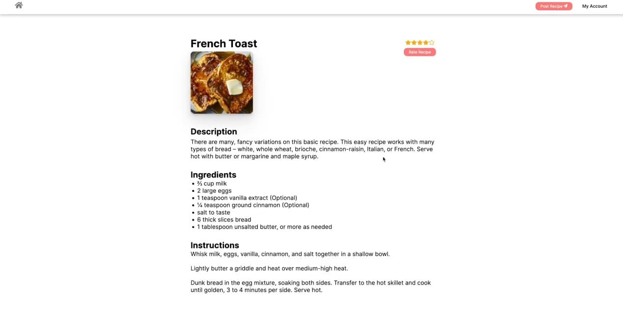 Recipe app page for French Toast with a photo, star rating, description, ingredients, and instructions